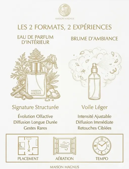 Comparatif eau de parfum d’intérieur et brume d’ambiance : structure, modularité, gestuelle.
